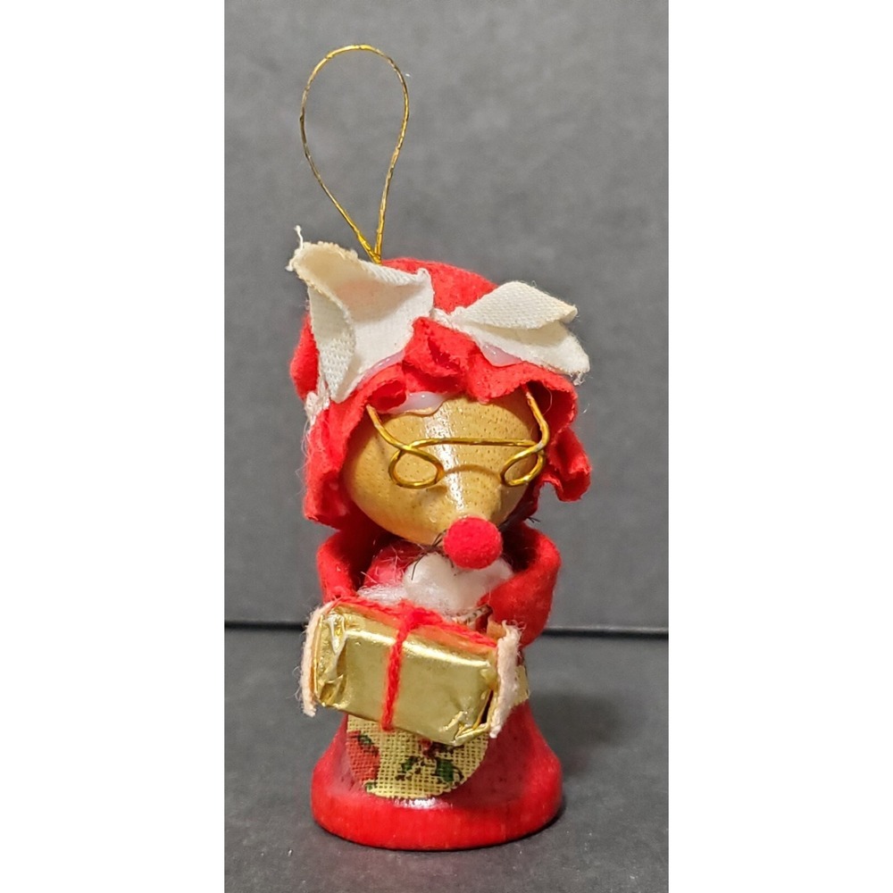 Vintage Wooden Christmas Tree Ornament Mrs. Claus Holiday Granny Mouse Glasses